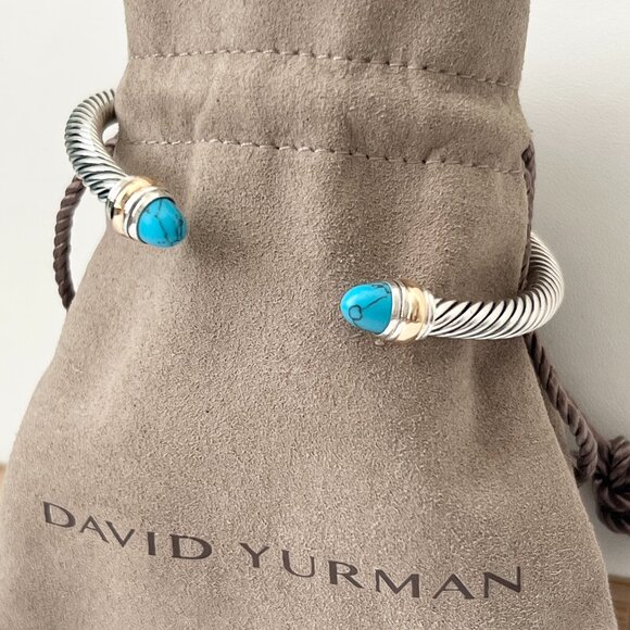 David Yurman Jewelry - Sterling Silver with Gold 5mm Turquoise Cable Cuff Bangle Bracelet With 14K Gold